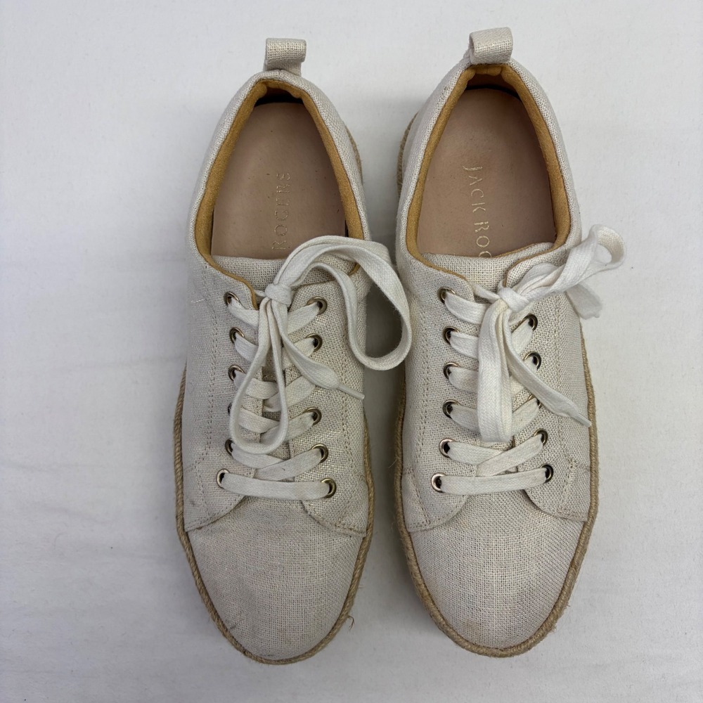 Jack Rogers Mia Rattan Platform Sneakers Women 9 Cream Canvas Espadrille Coastal